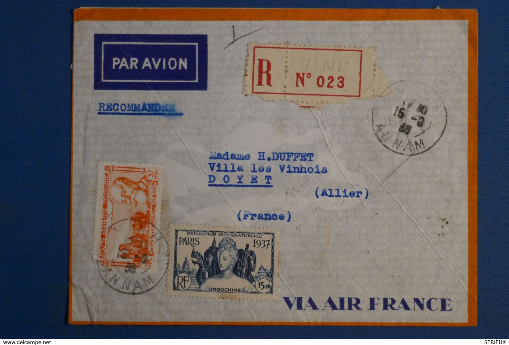 AL2 INDOCHINE  BELLE LETTRE RECOM. RARE  1938  POUR DOYET FRANCE  ++PARVENUE OUVERTE ++ + AFFRANCHISSEMENT PLAISANT - Storia Postale