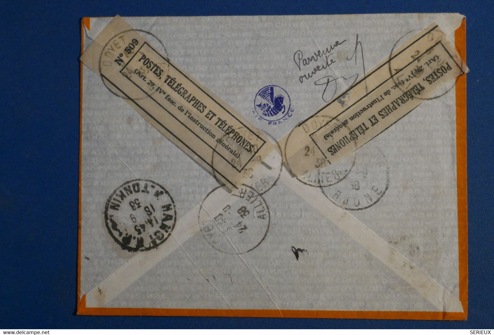 AL2 INDOCHINE  BELLE LETTRE RECOM. RARE  1938  POUR DOYET FRANCE  ++PARVENUE OUVERTE ++ + AFFRANCHISSEMENT PLAISANT - Storia Postale