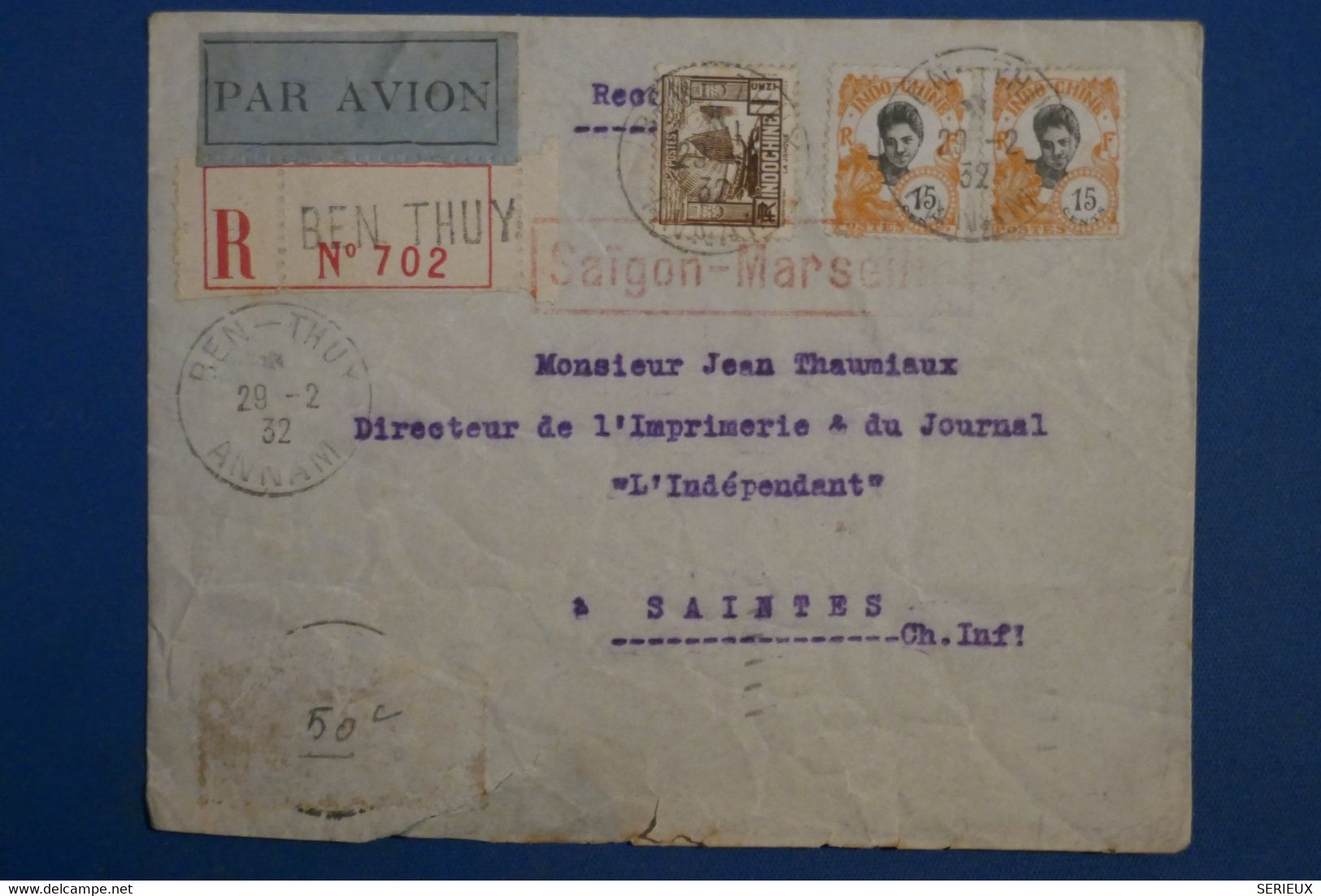 AL2  INDOCHINE  BELLE LETTRE RECOM.  1932 PETIT BUREAU  BEN THUY POUR  DOYET FRANCE ++++ AFFR .INTERESSANT - Lettres & Documents