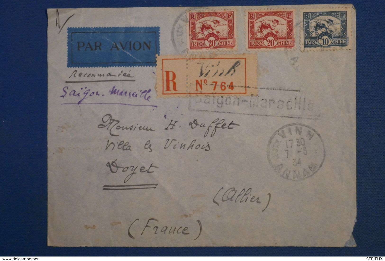 AL2  INDOCHINE  BELLE LETTRE RECOM.  1934 PETIT BUREAU  VINH  POUR  DOYET FRANCE ++++ AFFR .INTERESSANT - Luftpost