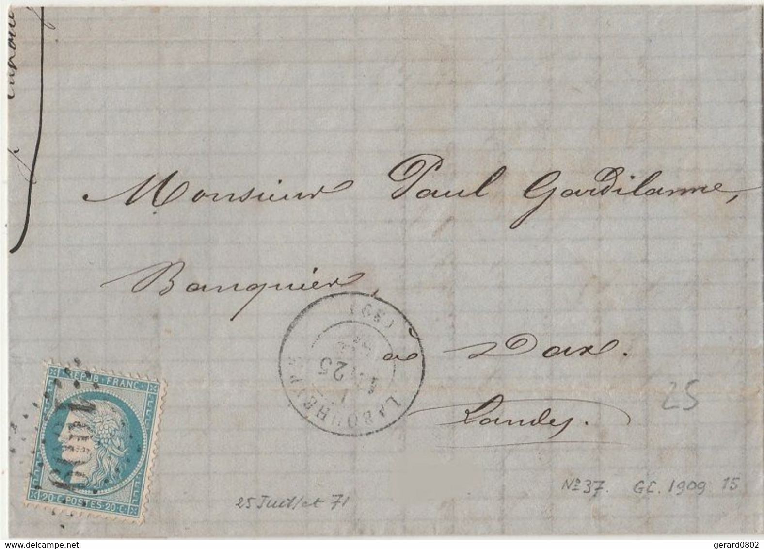 GROS CHIFFRES - LANDES - LETTRE DE LABOUHEYRE POUR DAX - GC 1909 - 1849-1876: Classic Period