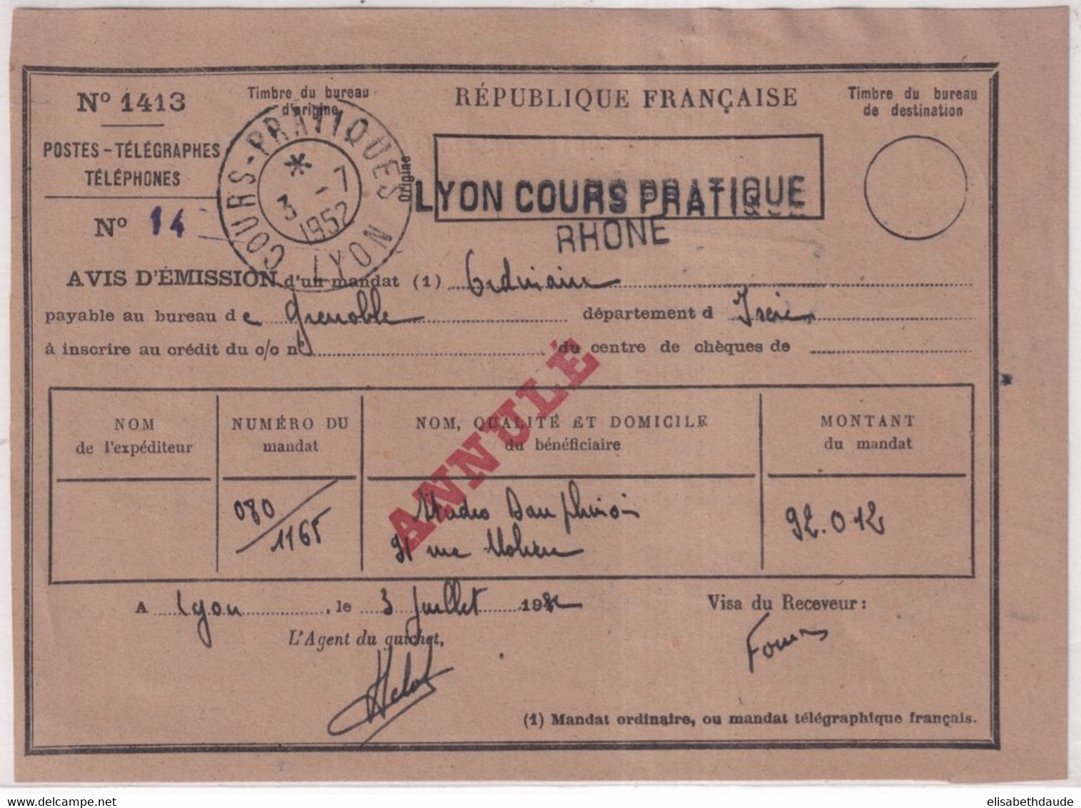 1952 - COURS PRATIQUES De LYON - OBLITERATION ! Sur AVIS D'EMISSION D'un MANDAT (VOIR DOS) ! - Cours D'Instruction