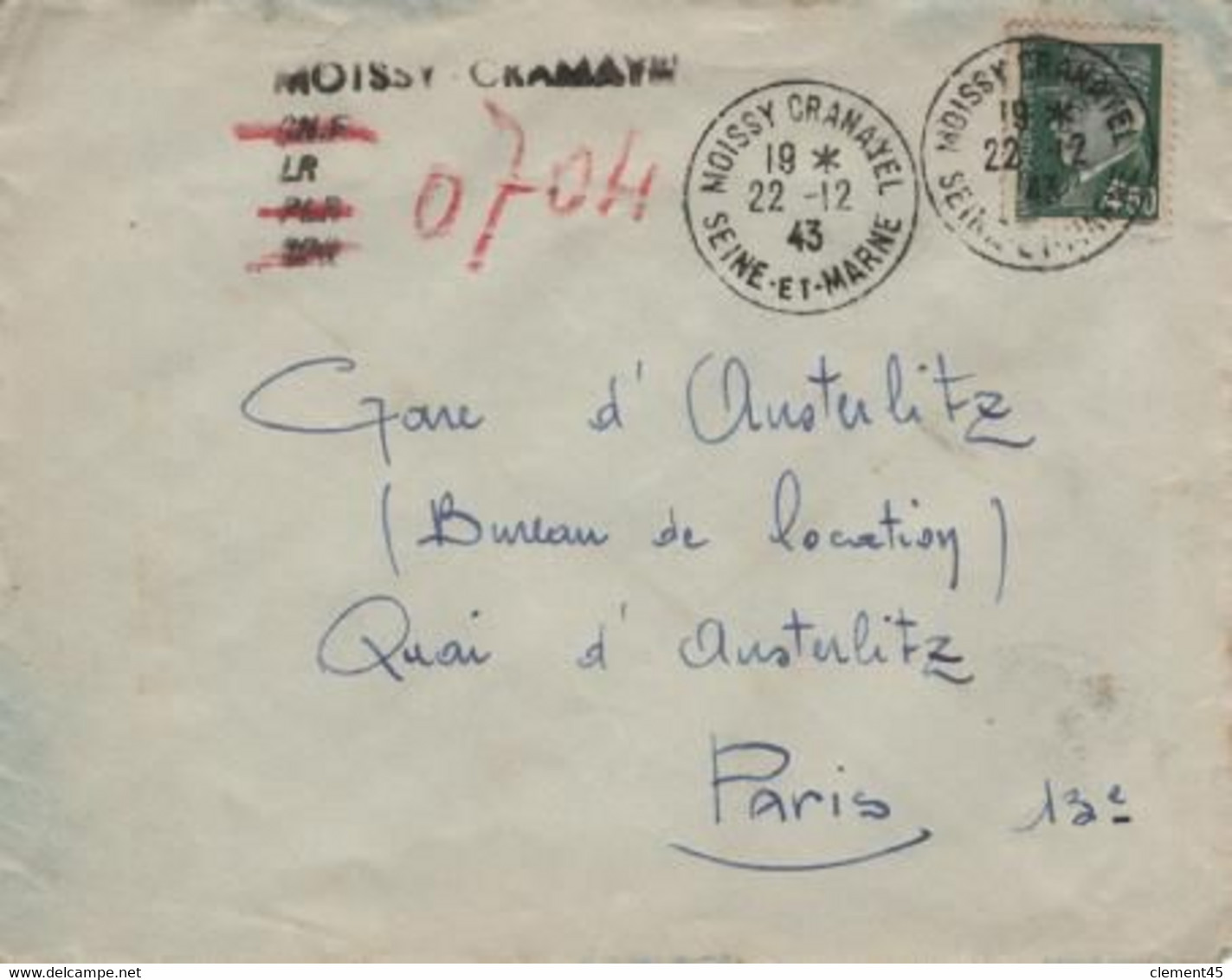 Seine Et Marne MOISSY CRAMAYEL Recommandé Provisoire 22 12 1943 Pétain 4,50 F Vert Pour Paris - 1921-1960: Periodo Moderno