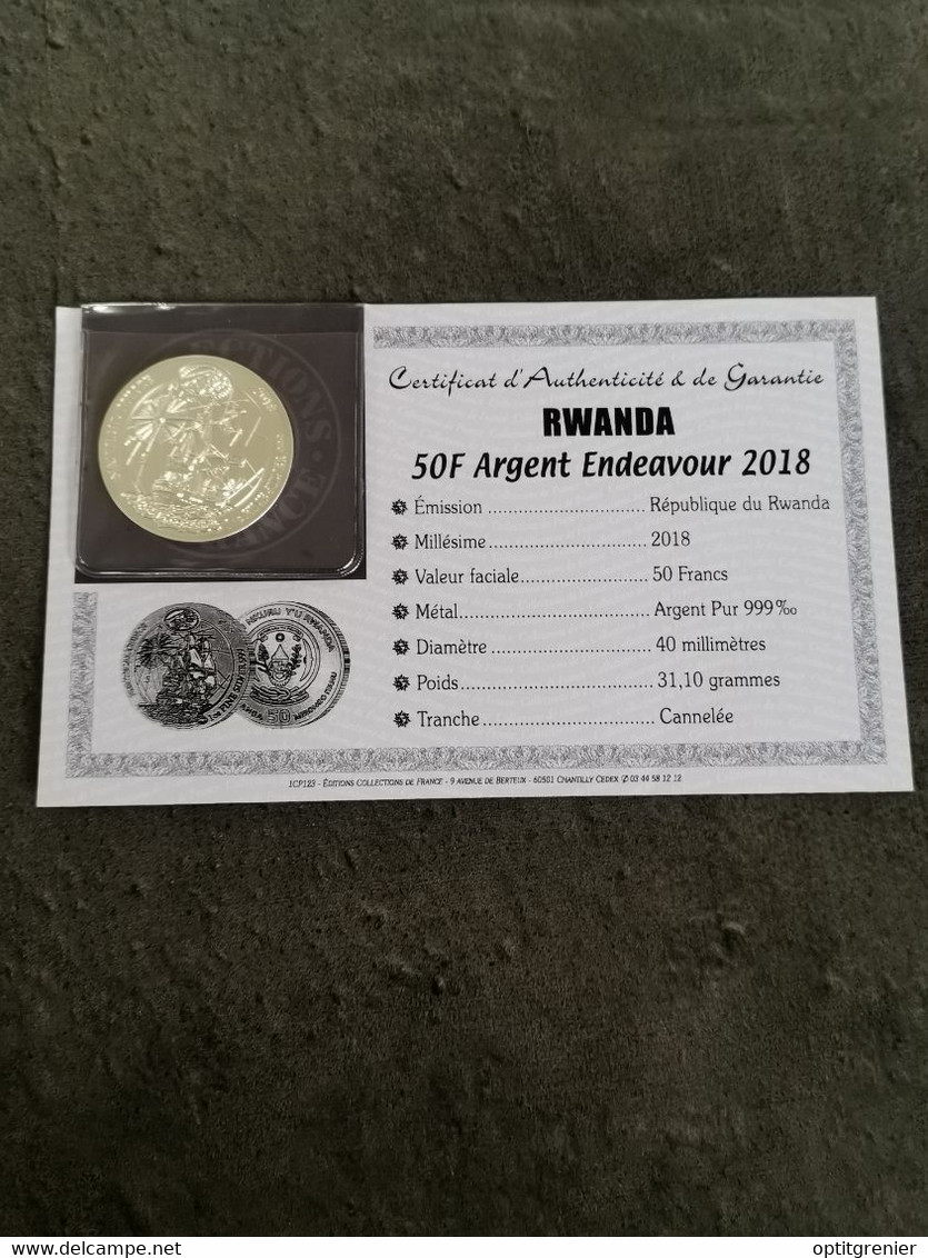 50 FRANCS ARGENT 2018 RWANDA BATEAU ENDEAVOUR / SILVER / CERTIFICAT - Rwanda