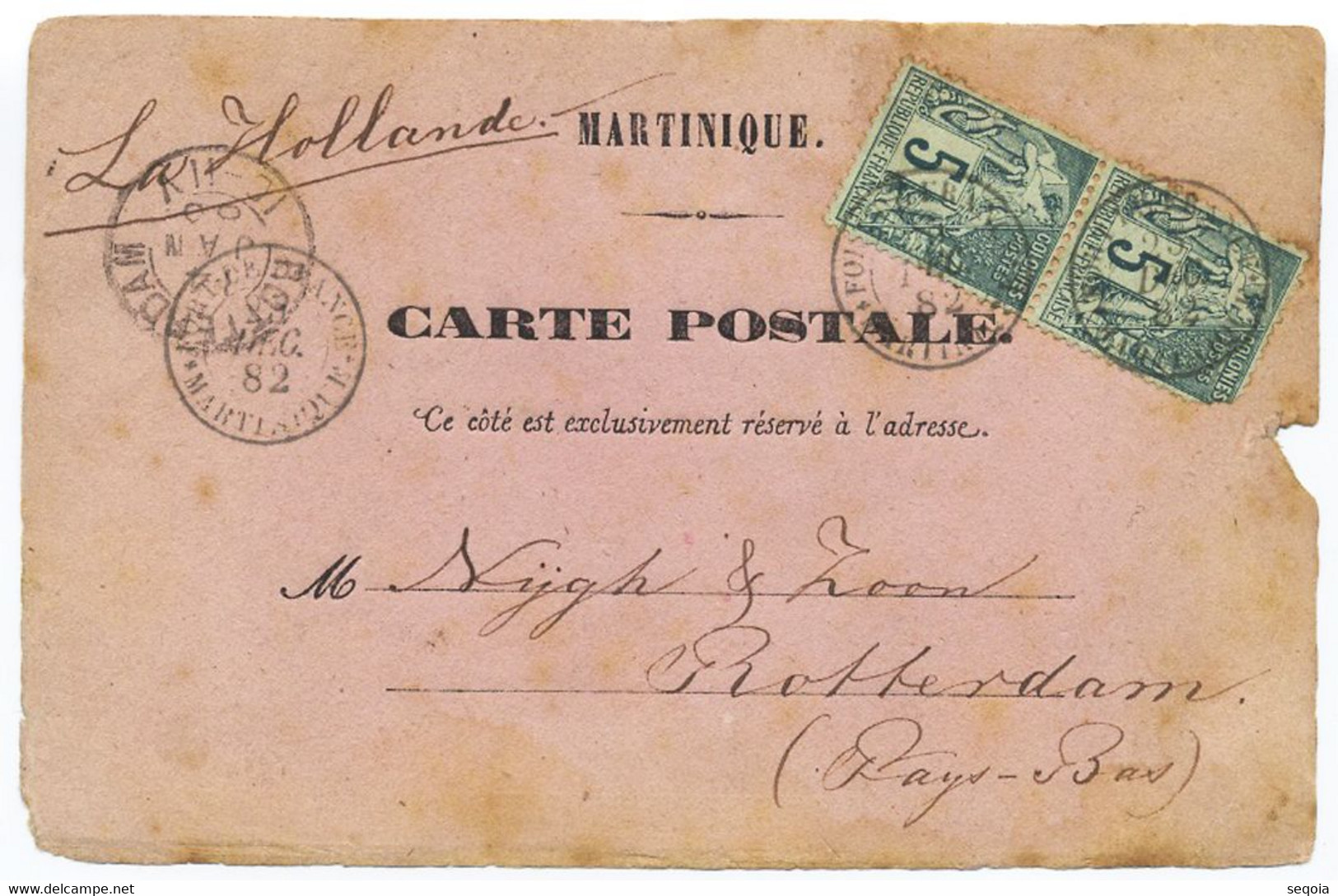 1882 MARTINIQUE RARE CP PRECURSEUR DATEE CURACAO AFFR PAIRE 5c ALPHEE DUBOIS (DEFAUT) OBL FORT DE FRANCE POUR ROTTERDAM - Briefe U. Dokumente