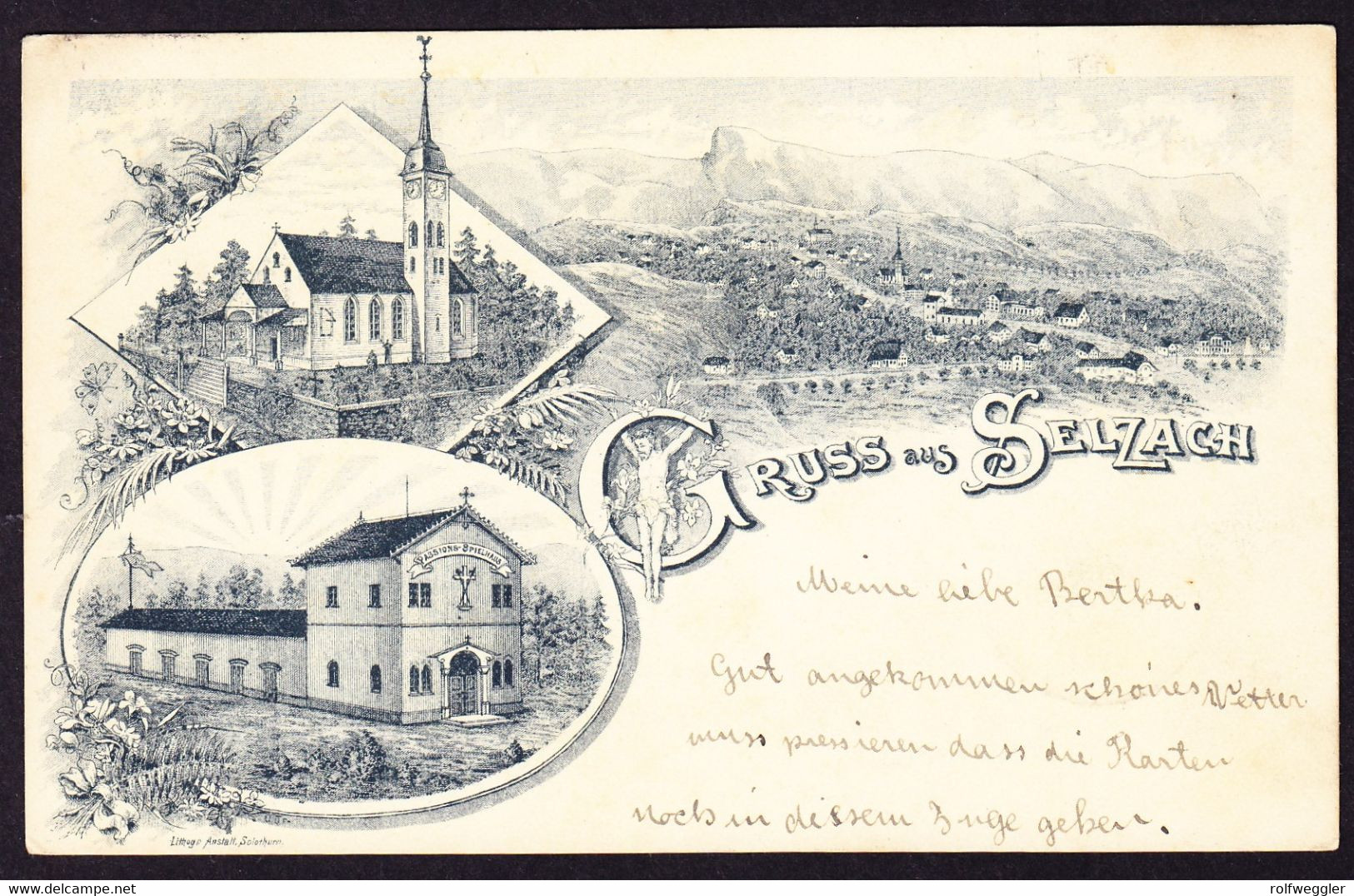 1898 Mit Bahnpost Gelaufene AK, Gruss Aus Selzach. 3 Bildrige Litho. Mit Passionsspiel Haus. Minim Fleckig - Selzach