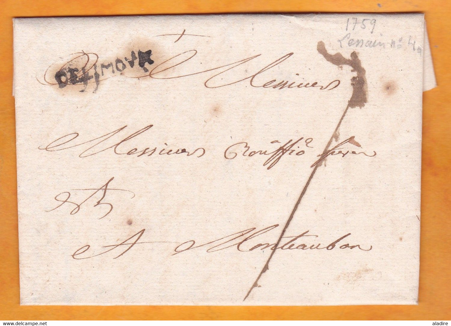 1759 - Marque Postale DE LIMOUX  (23 X 4 Mm) Sur Lettre Pliée Avec Correspondance Vers MONTAUBAN - 1701-1800: Precursors XVIII