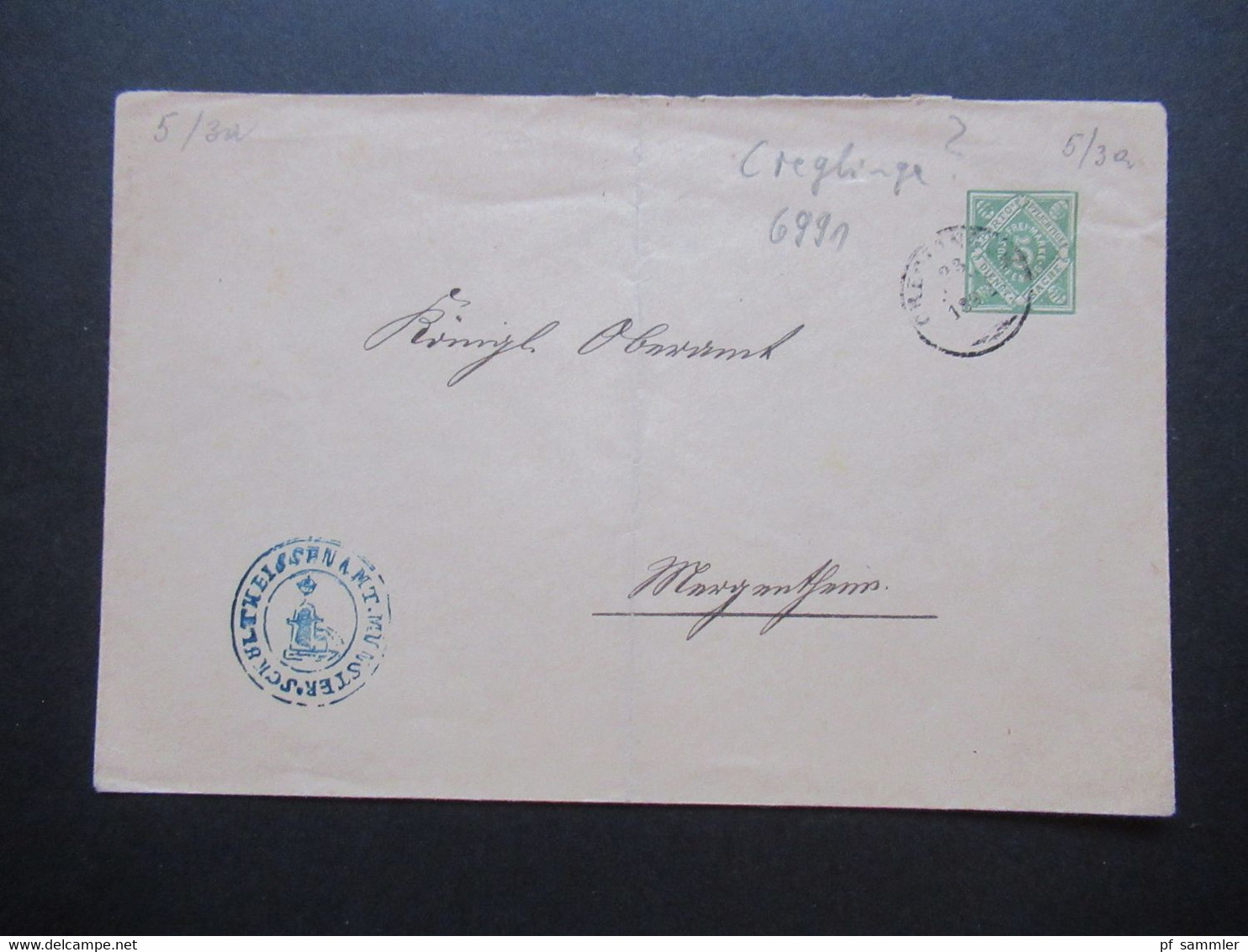 AD Württemberg 1892 Ganzsachen Umschlag U Dienstpost Blauer Dienststempel Schultheissenamt Munster - Postal  Stationery