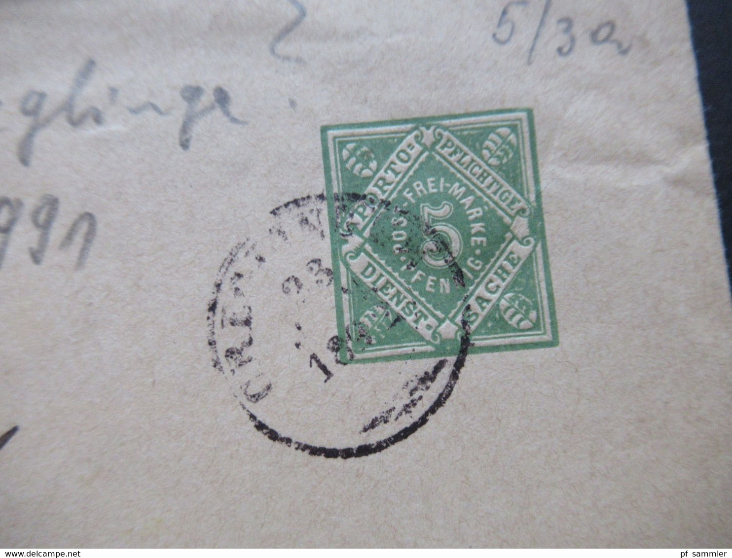 AD Württemberg 1892 Ganzsachen Umschlag U Dienstpost Blauer Dienststempel Schultheissenamt Munster - Postal  Stationery