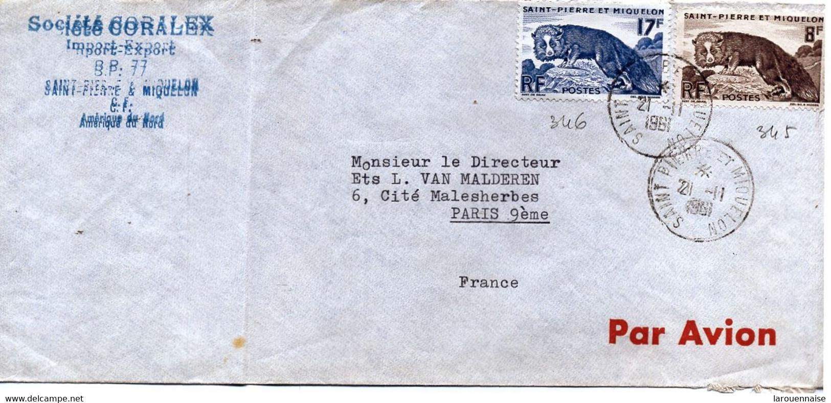 ST-PIERRE-et MIQUELON - N°345 +346  /LETTRE  Par AVION Pour PARIS  C à D -SPM -29-11-61 - Lettres & Documents