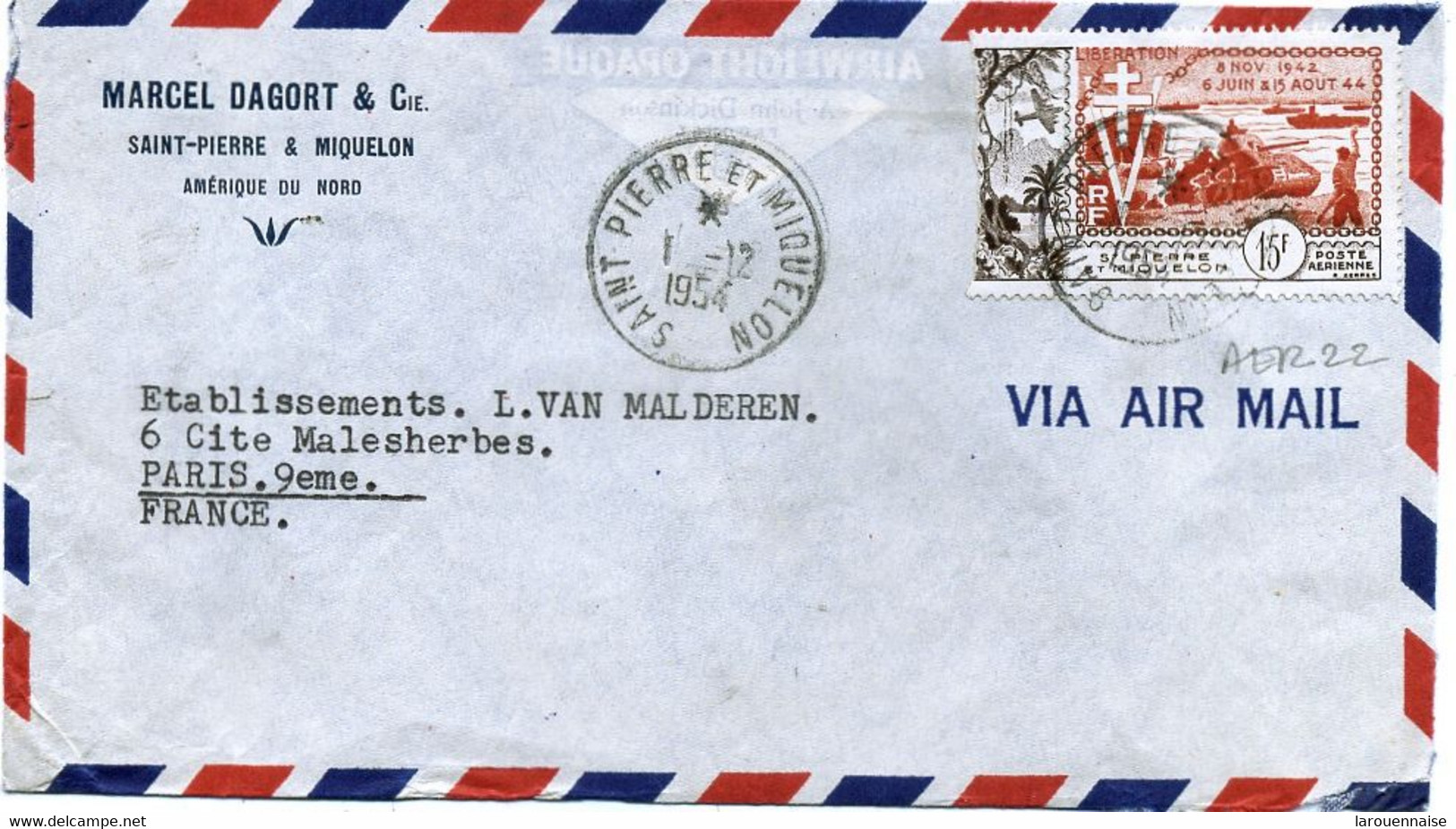 ST-PIERRE-et MIQUELON - PA N°22 /LETTRE  Par AVION Pour PARIS  C à D -SPM -1-12-1954 - Storia Postale