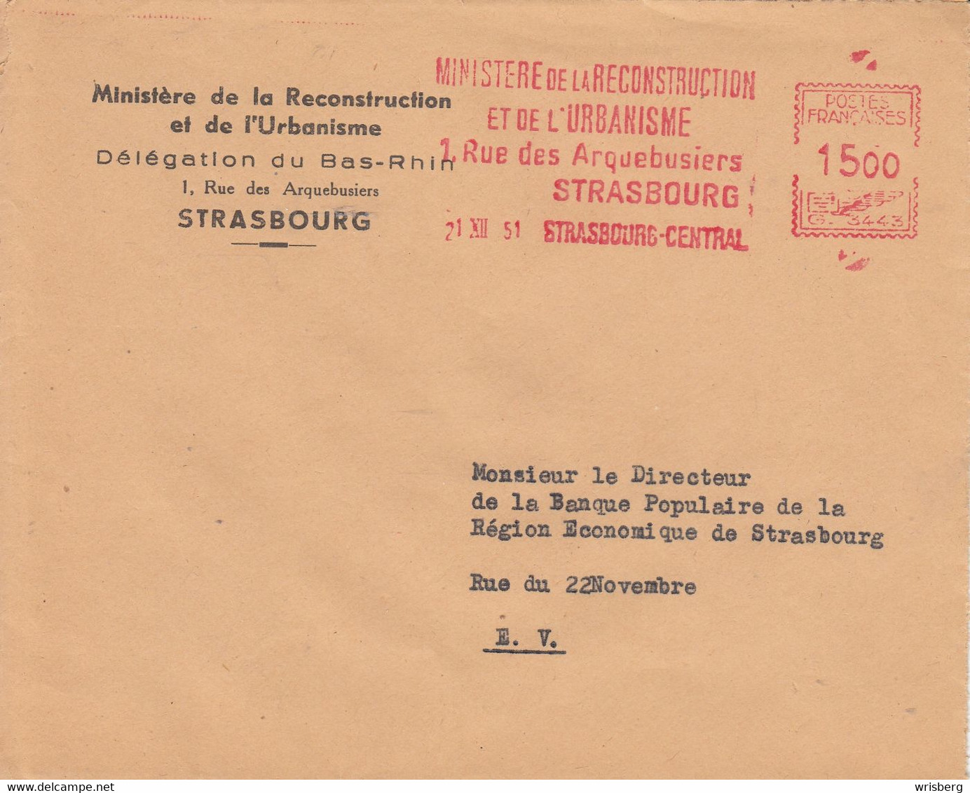 Env Affr Y&T MAG Obl STRASBOURG CENTRAL Du 21.XII 1951 MINSTERE DE LA RECONSTRUCTION / ET DE L'URBANISME - Covers & Documents