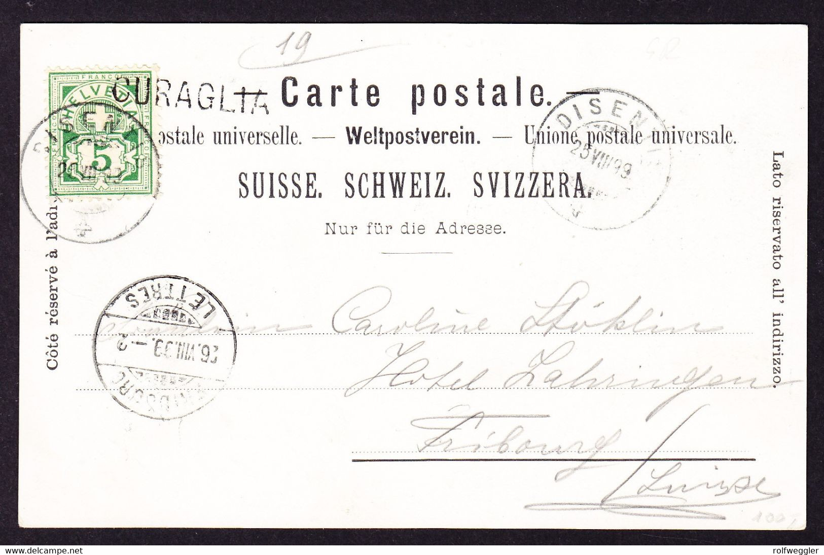 1899 Gelaufene AK Hotel Lukmanier, Curaglia, Medels. 4 Bildrig. Stabstempel Curaglia - Medel