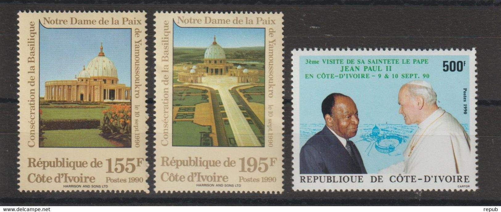 Cote D'Ivoire 1990 Basilique Et Jean Paul II 845-47, 3 Val ** MNH - Costa D'Avorio (1960-...)