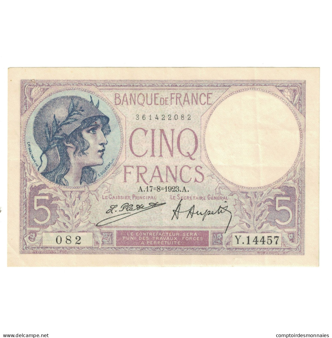 France, 5 Francs, Violet, 1923, Y.14457, SUP, Fayette:3.7, KM:72c - 5 F 1917-1940 ''Violet''