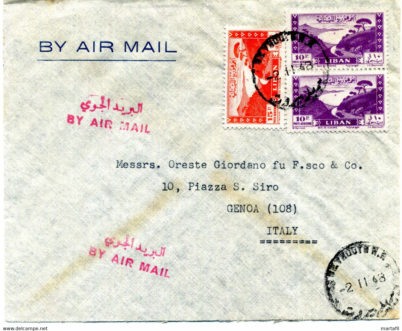 1948 Busta AIR MAIL LIBANO LEBANON Per Genova Affr.35p. Posta Aerea - Brieven En Documenten