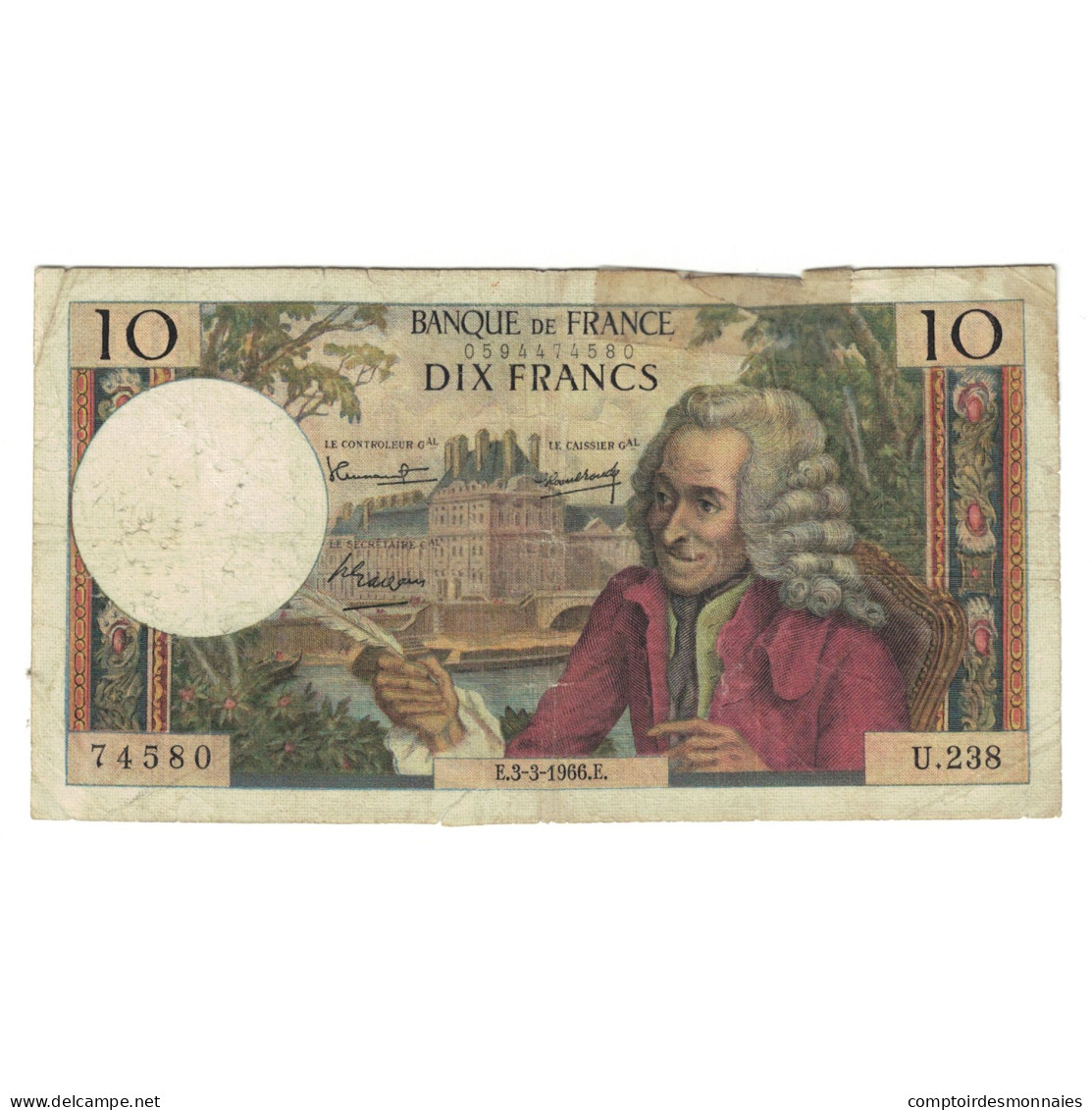 France, 10 Francs, Voltaire, 1966, U.238, AB, Fayette:62.21, KM:147b - 10 F 1963-1973 ''Voltaire''