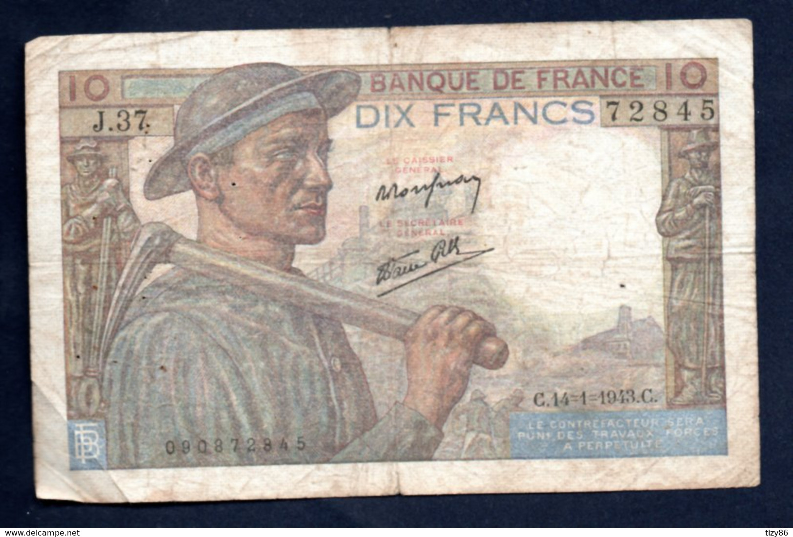 Banconota Francia - 10 Fr. 14/1/1943 (circolata) - 5 F 1943-1947 ''Berger''