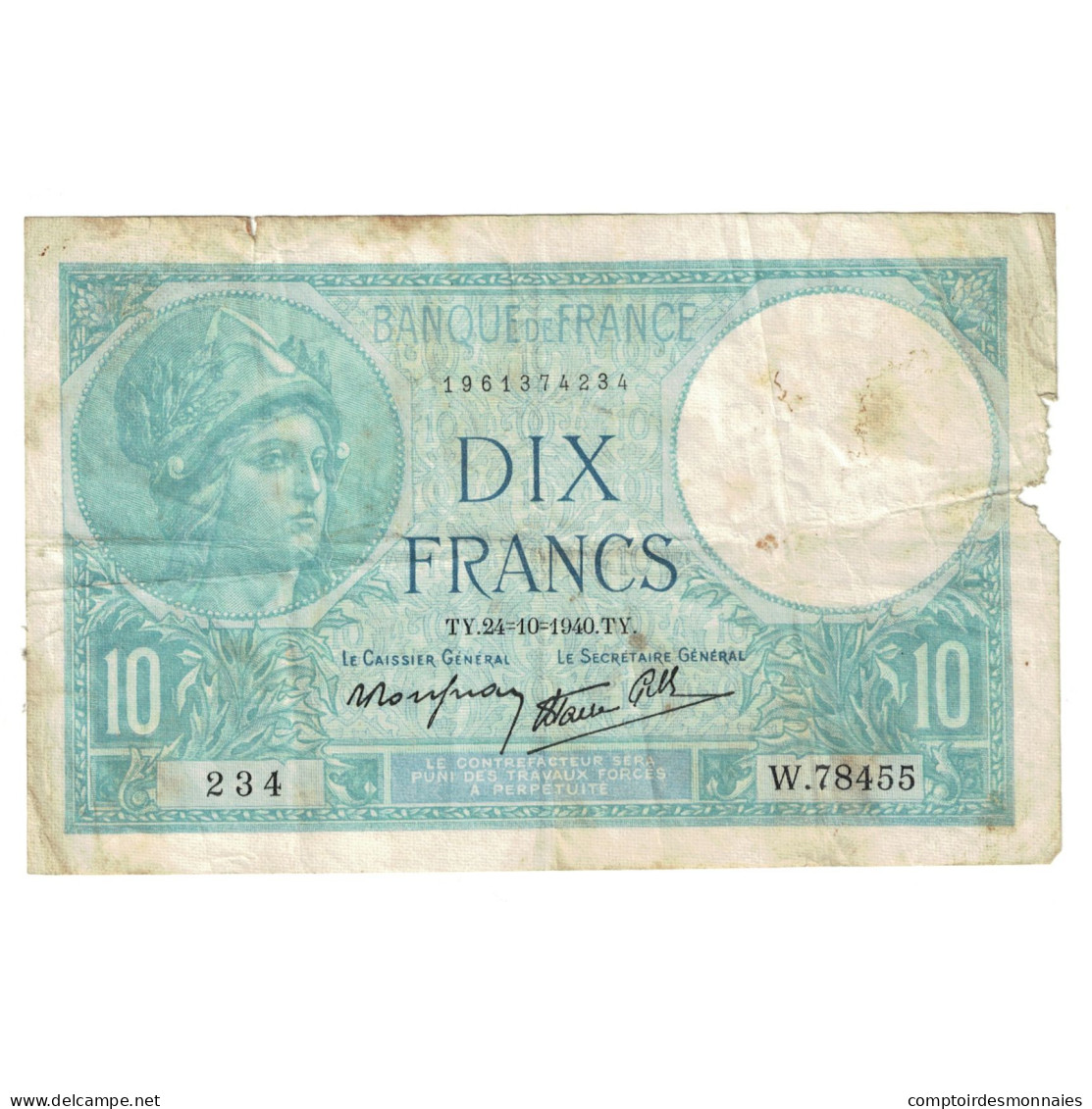 France, 10 Francs, Minerve, 1940, W.78455, AB, Fayette:7.18, KM:84 - 10 F 1916-1942 ''Minerve''