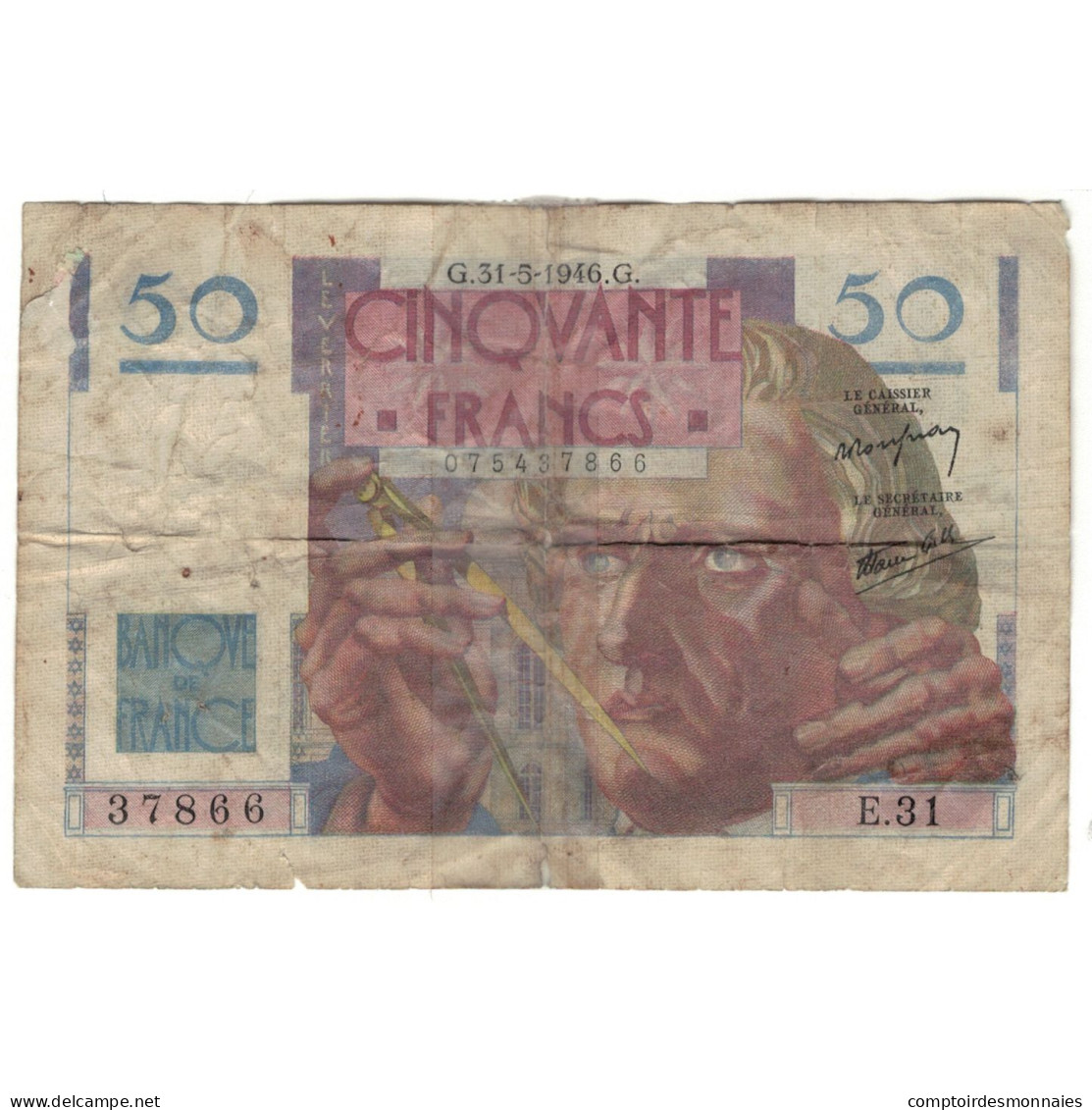 France, 50 Francs, E.31, B, Fayette:20.5, KM:127a - 50 F 1946-1951 ''Le Verrier''