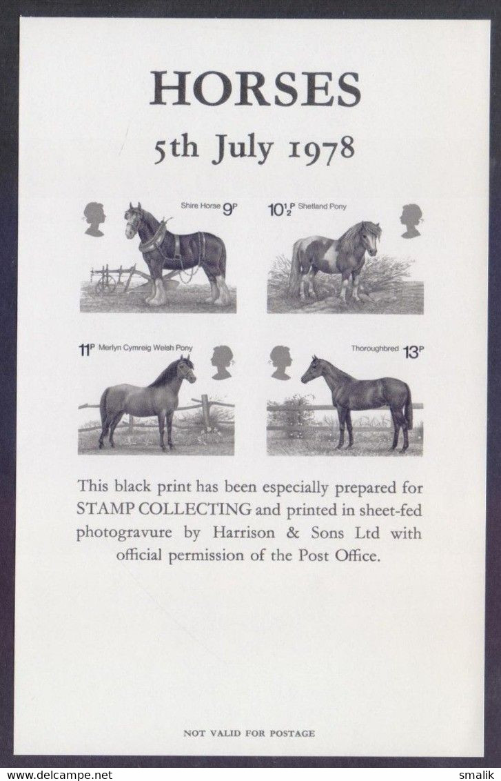 Great Britain UK GB 1978 - HORSES Black Print, IMPERF Miniature Sheet MNH - Probe- Und Nachdrucke