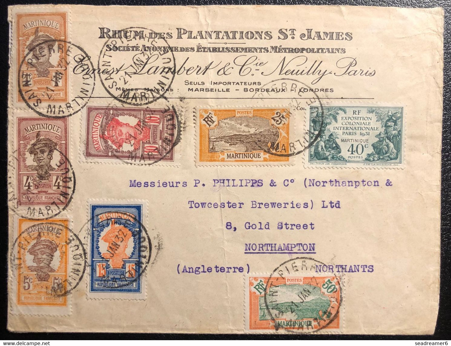 Martinique Tarif 1fr 50 Lettre Publicitaire Du Rhum St James De 1932 De St Pierre Pour L'Angleterre Avec 8 Timbres TTB - Briefe U. Dokumente