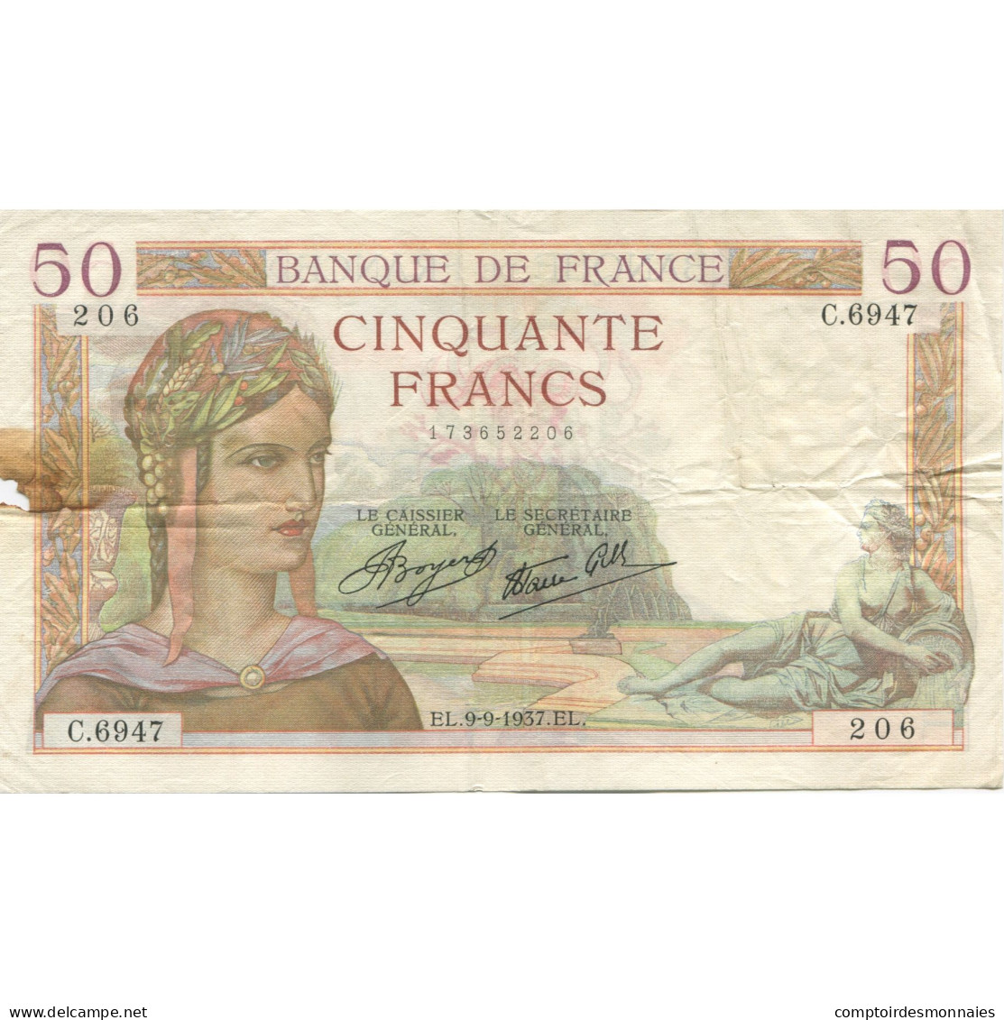 France, 50 Francs, Cérès, 1937, 1937-09-09, TB, Fayette:18.03, KM:85a - 50 F 1934-1940 ''Cérès''