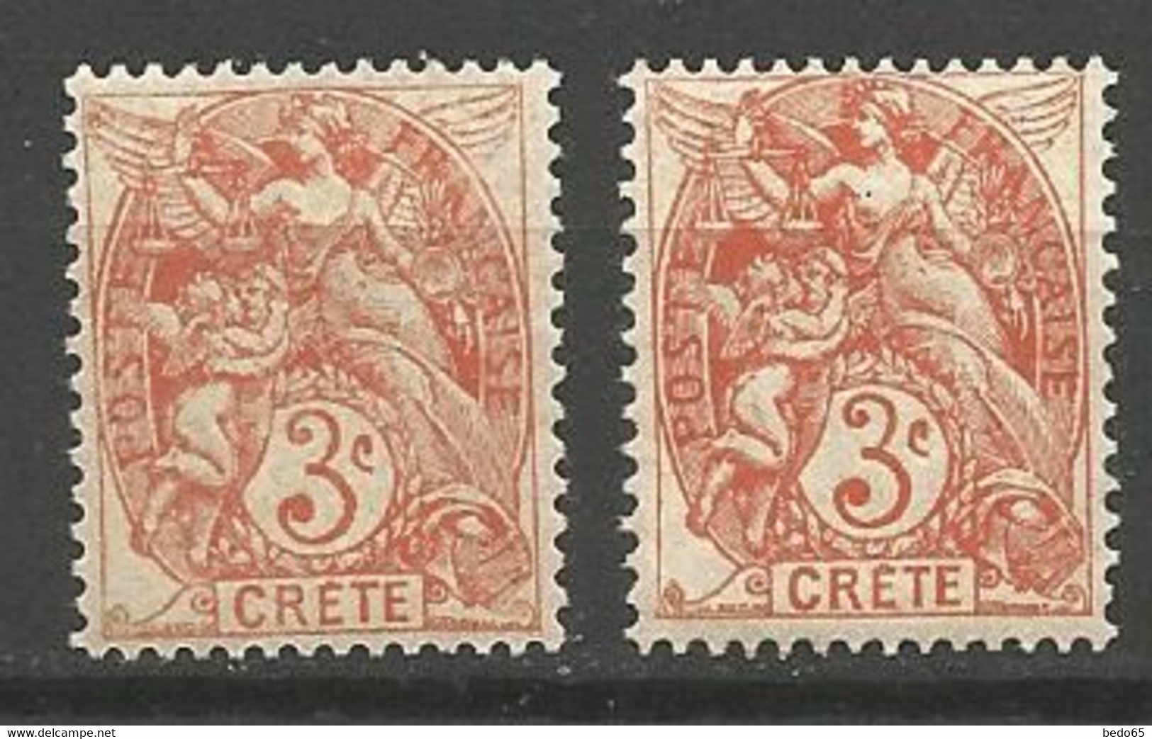 CRETE N° 3 X 2 Nuances NEUF*  TRACE DE CHARNIERE / MH - Unused Stamps