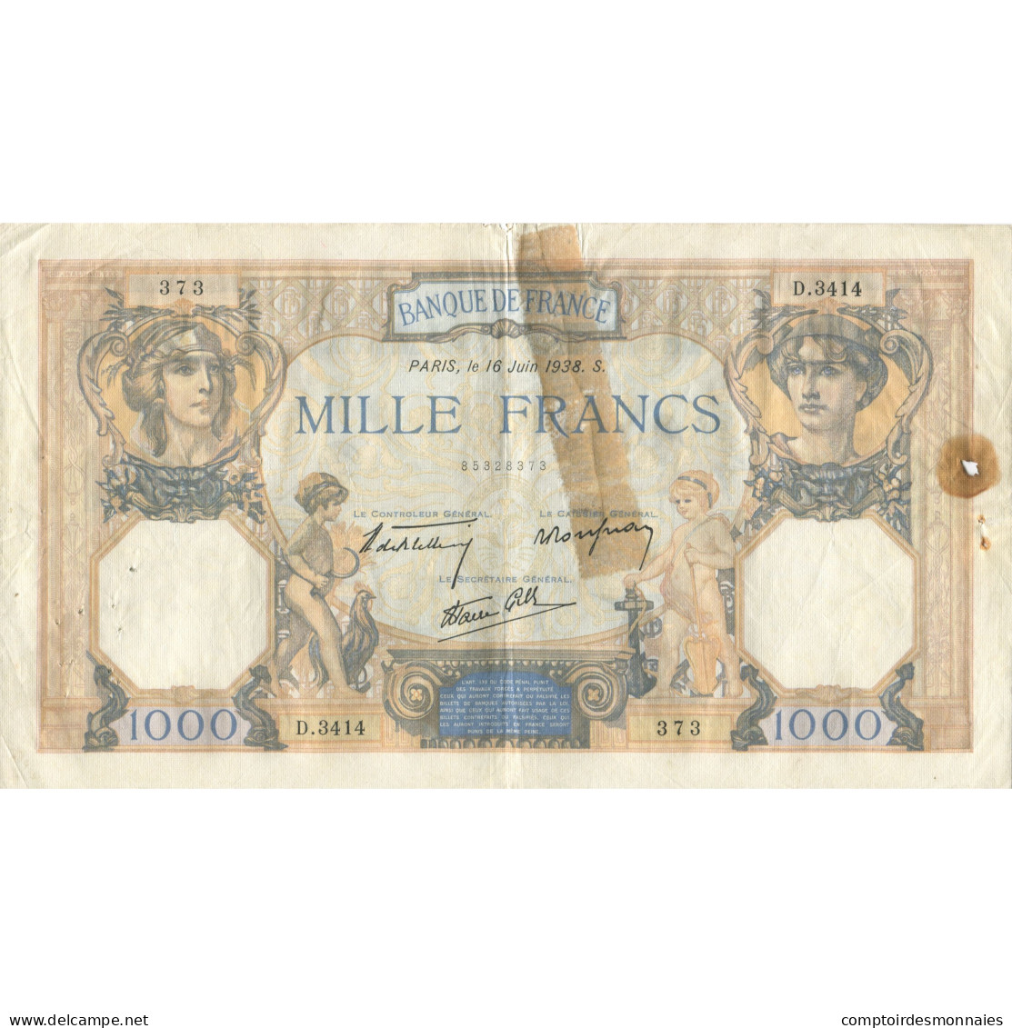 France, 1000 Francs, Cérès Et Mercure, 1938, 1938-06-16, TB, Fayette:38.19 - 1 000 F 1927-1940 ''Cérès Et Mercure''