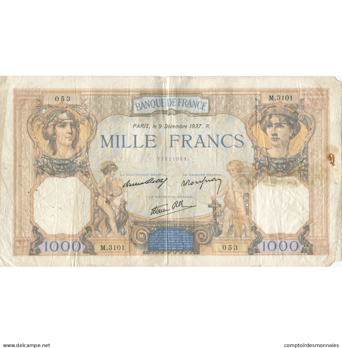 France, 1000 Francs, Cérès Et Mercure, 1937, 1937-12-09, TB, Fayette:38.6 - 1 000 F 1927-1940 ''Cérès Et Mercure''