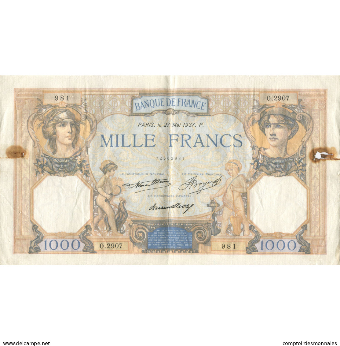 France, 1000 Francs, Cérès Et Mercure, 1937, 1937-05-27, TB, Fayette:37.10 - 1 000 F 1927-1940 ''Cérès Et Mercure''