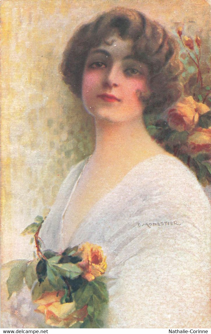 C. Monestier - Portrait De Femme, Visage énigmatique, Fleur, Rosiers - Monestier, C.
