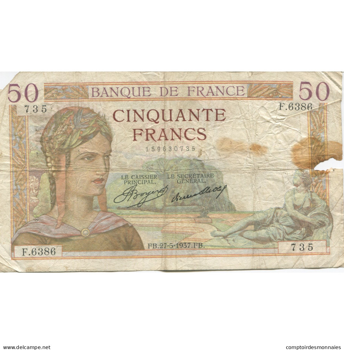 France, 50 Francs, Cérès, 1937, 1937-05-27, TB, Fayette:17.39, KM:81 - 50 F 1934-1940 ''Cérès''