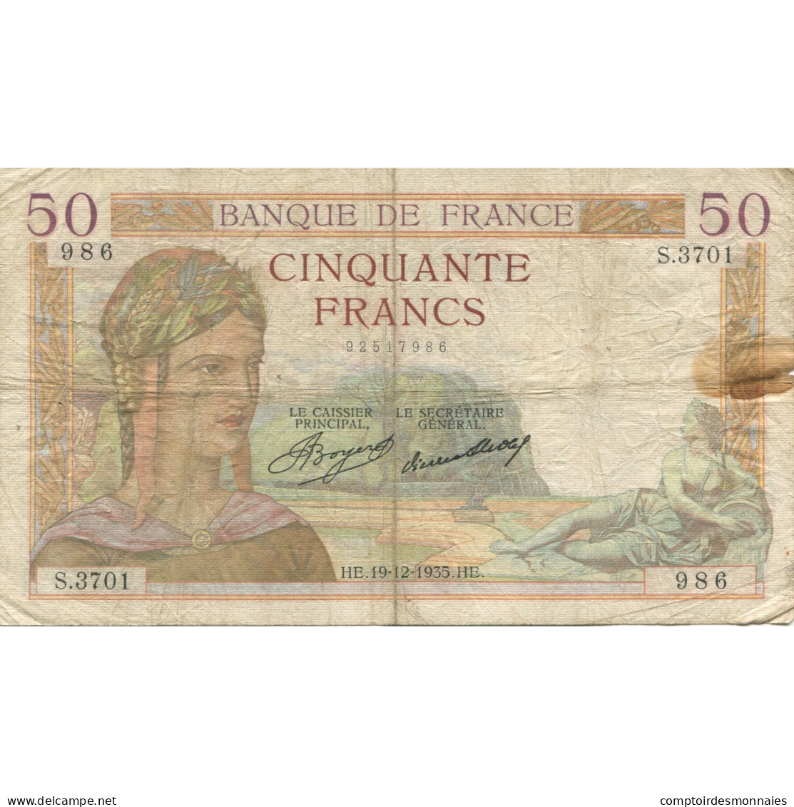 France, 50 Francs, Cérès, 1935, 1935-12-19, TB, Fayette:17.21, KM:81 - 50 F 1934-1940 ''Cérès''