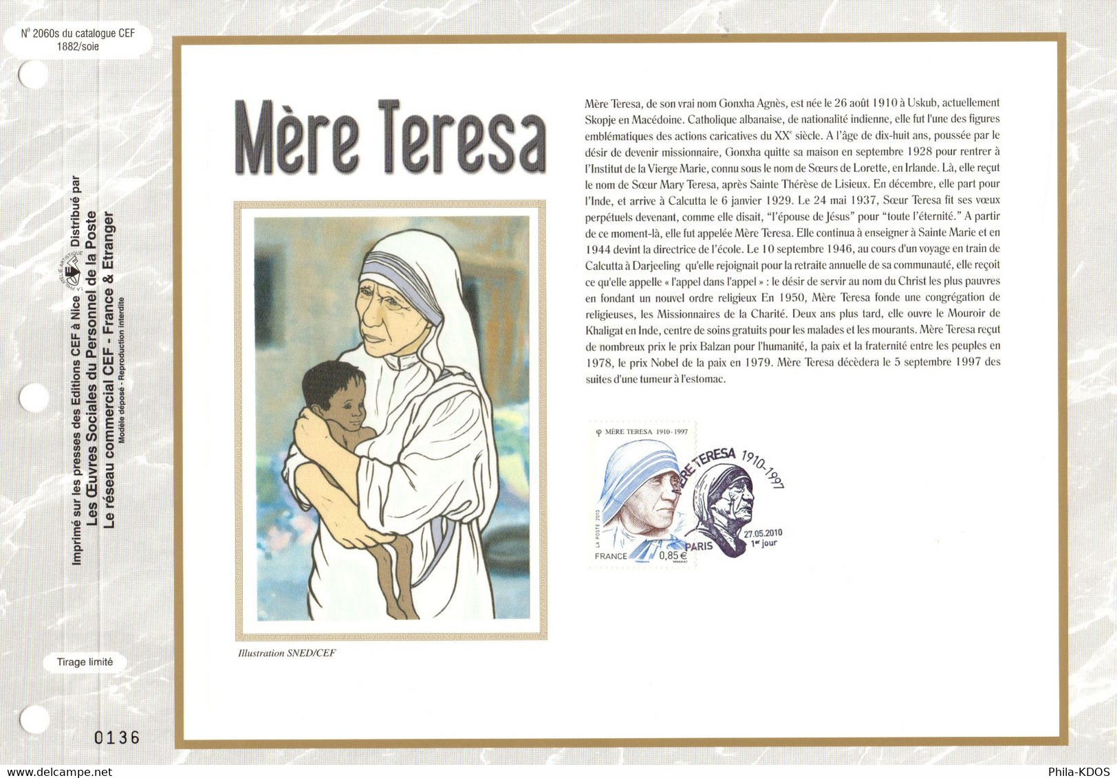 " MERE TERESA " Sur Feuillet CEF 1er Jour Sur Soie De 2010. N° YT 4455 En Parfait état. FDC - Mother Teresa