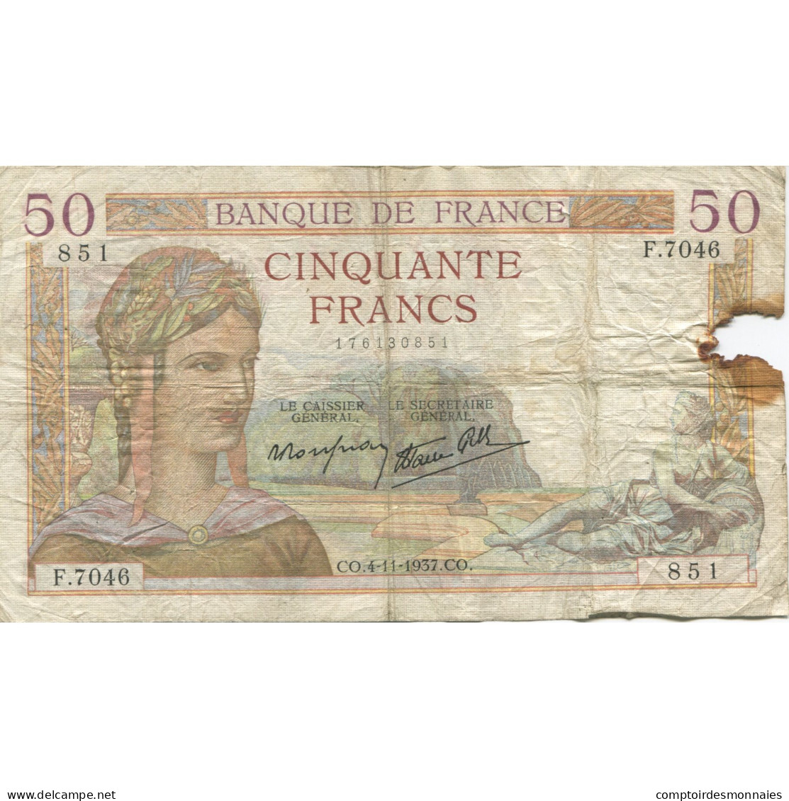 France, 50 Francs, Cérès, 1937, 1937-11-04, TB, Fayette:18.4, KM:85b - 50 F 1934-1940 ''Cérès''