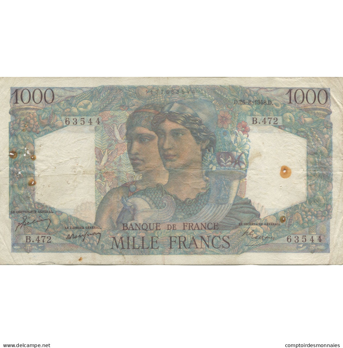 France, 1000 Francs, Minerve Et Hercule, 1948, 1948-08-26, TB, Fayette:41.23 - 1 000 F 1945-1950 ''Minerve Et Hercule''