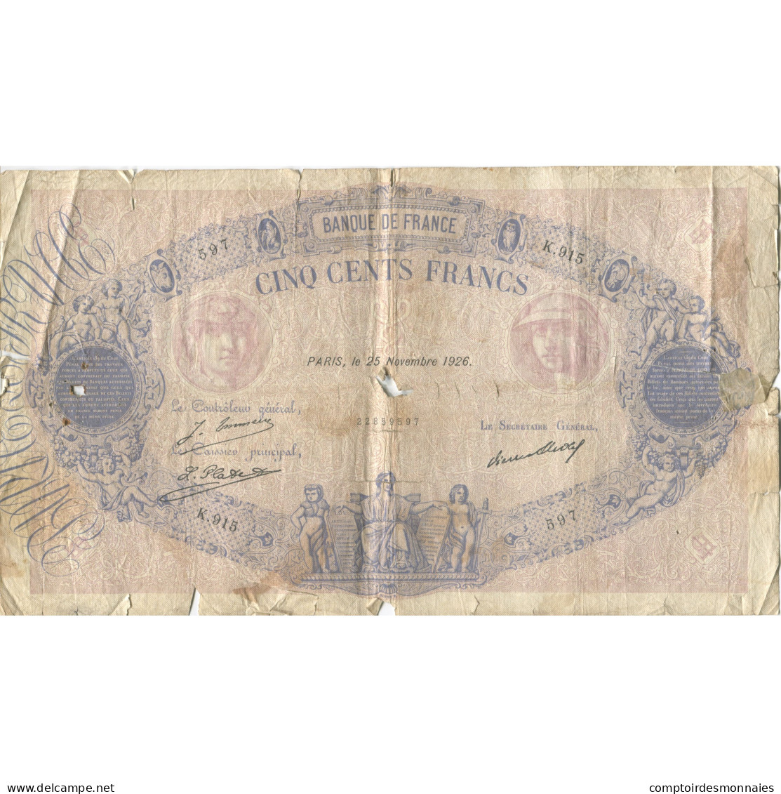 France, 500 Francs, Bleu Et Rose, 1926, 1926-11-25, TB, Fayette:30.29, KM:66k - 500 F 1888-1940 ''Bleu Et Rose''
