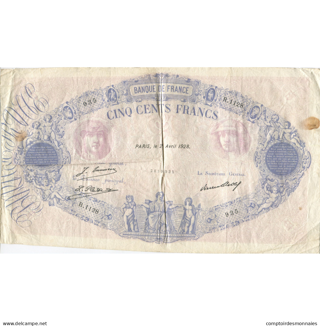 France, 500 Francs, Bleu Et Rose, 1928, 1928-04-02, TB, Fayette:30.31, KM:66k - 500 F 1888-1940 ''Bleu Et Rose''