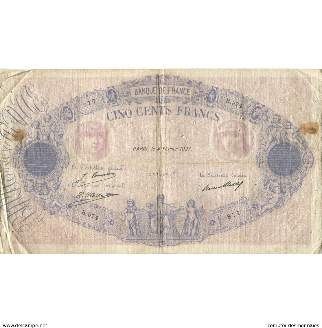 France, 500 Francs, Bleu Et Rose, 1927, 1927-02-04, TB, Fayette:30.30, KM:66k - 500 F 1888-1940 ''Bleu Et Rose''
