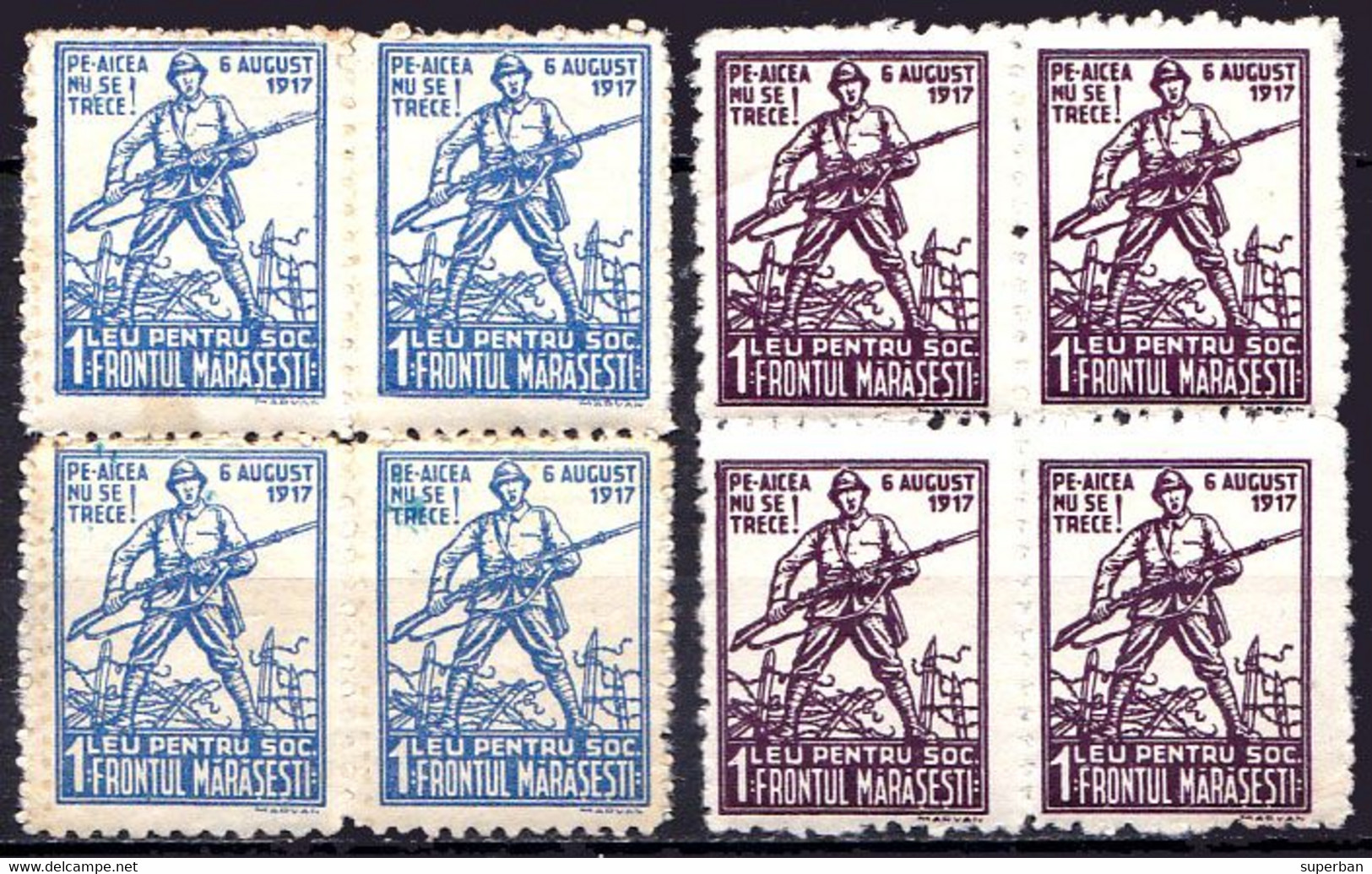 ROMANIA - CINDERELLA : SOCIETATEA FRONTUL MARASESTI / 6 AUGUST 1917 - 2 BLOCURI De 4 TIMBRE X 1 LEU ~ 1920 - MNH (ai526e - Fiscaux