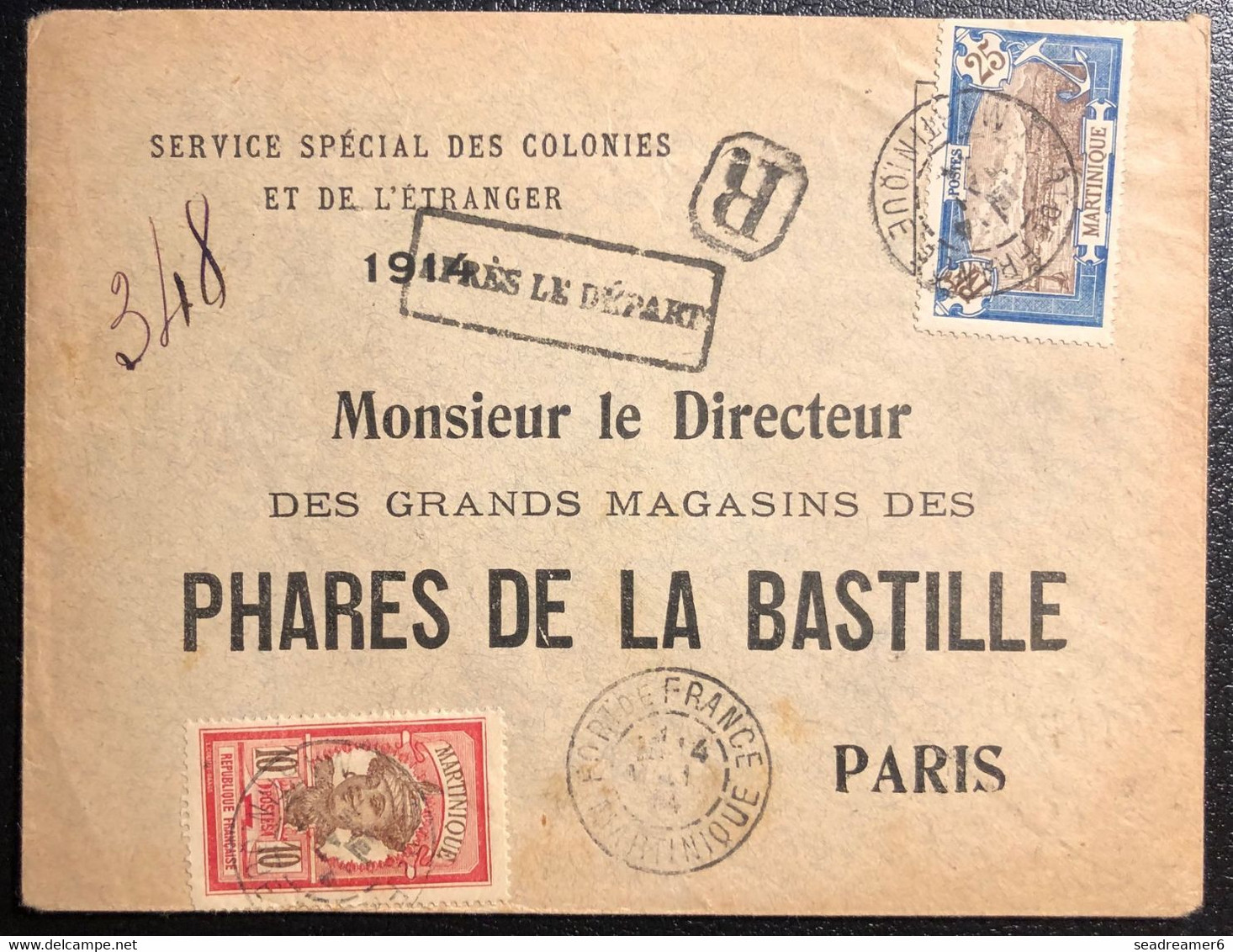 Martinique Lettre 1914 Tarif 35c Metropole Recommandée N°65 & 68 Pour Paris + Rare Griffe "après Le Départ" TTB - Storia Postale