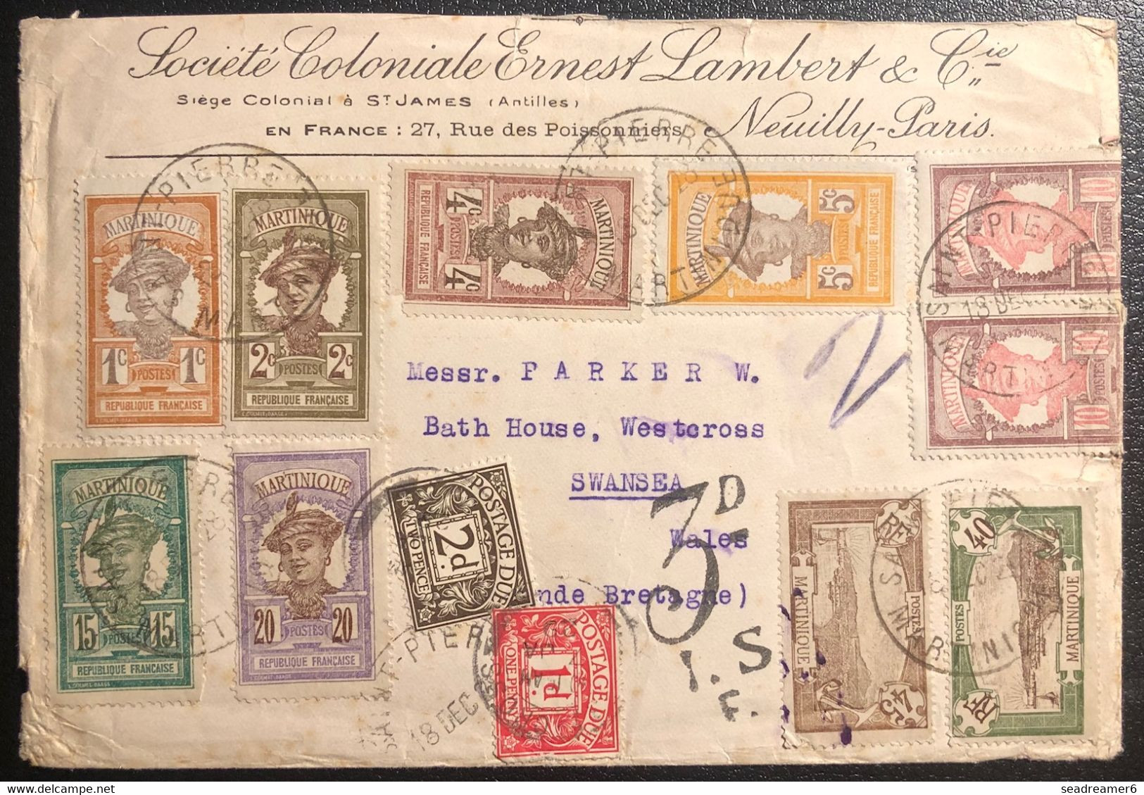 Martinique Tarif 1fr 52 Lettre 1928 Publicitaire Du Rhum St James De St Pierre Pour L'Angleterre Avec 10 Timbres + Taxe - Storia Postale