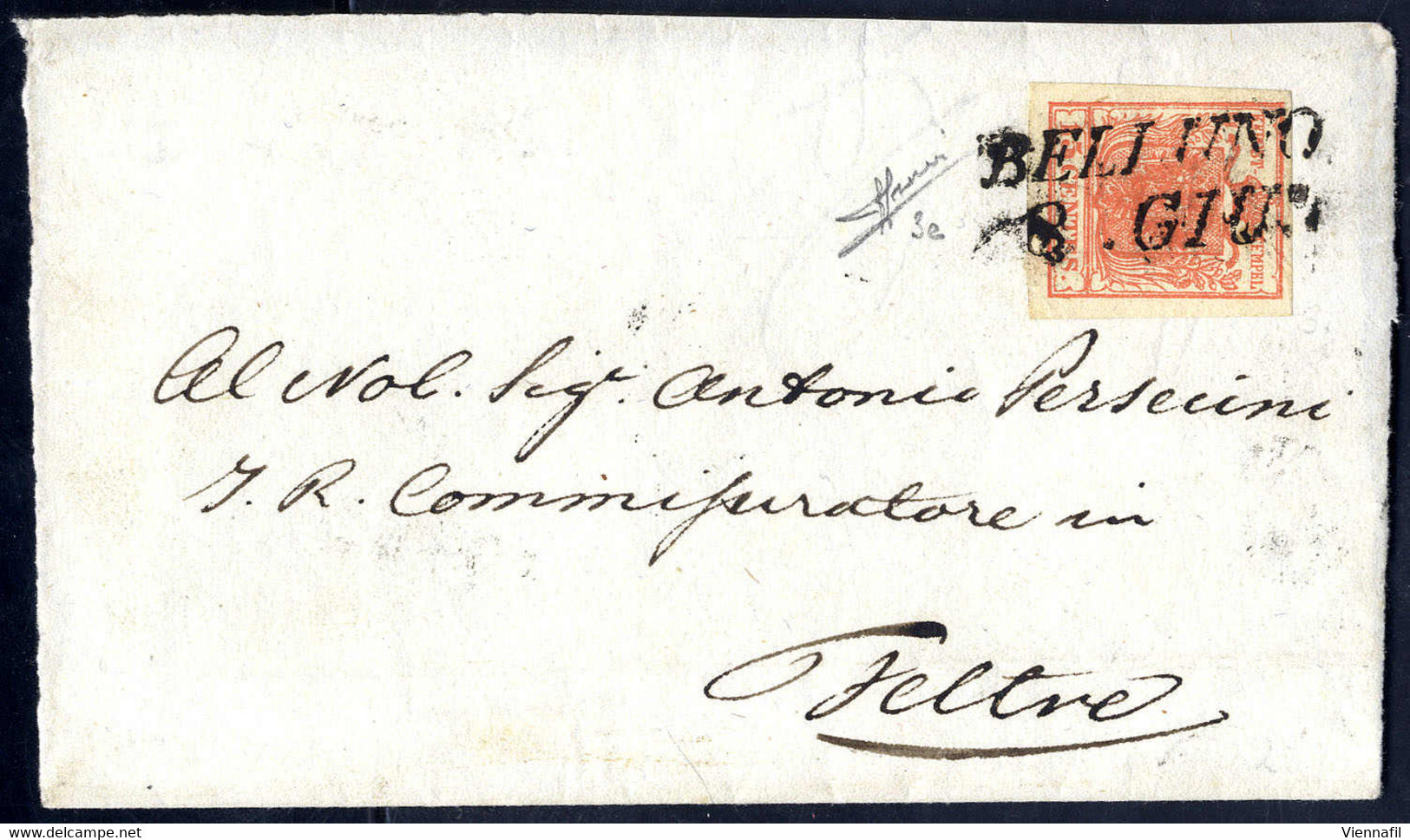 O/cover 1850, 15 Cent. Rosso Vermiglio, Primo Tipo, Su Lettera Da Belluno, Firm. A. Sorani (Sass. 3e - ANK 3HI) - Lombardije-Venetië