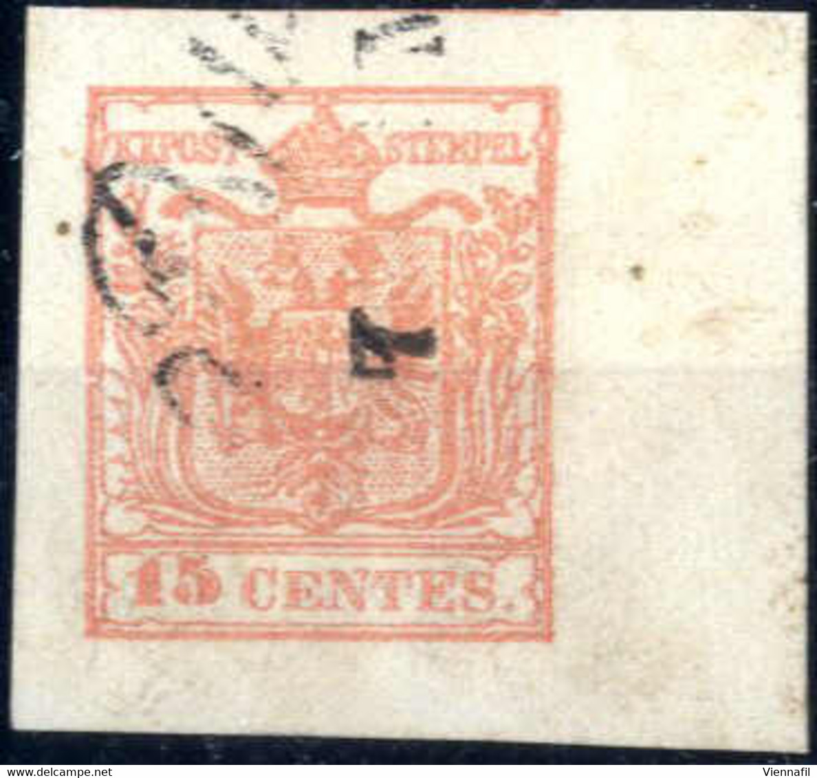 O 1850, 15 Cent. Rosa, III°tipo, Angolo Di Foglio 9,5:3,5 - 4 Mm, Timbrata, Splendido, Cert. Steiner, Sass. 5 - Lombardo-Veneto