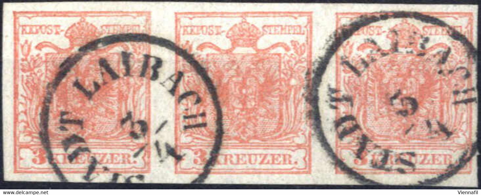 O 1854, Dreierstreifen 3 Kreuzer In Type III, Gestempelt Stadt Laibach 3.4., Pracht, ANK 3 / HP - Sonstige & Ohne Zuordnung