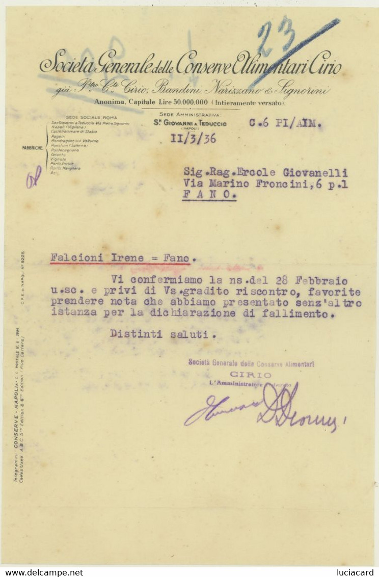 CONSERVE ALIMENTARI CIRIO -S.GIOVANNI A TEDUCCIO -NAPOLI -CARTA INTESTATA 1936 - Rechnungen