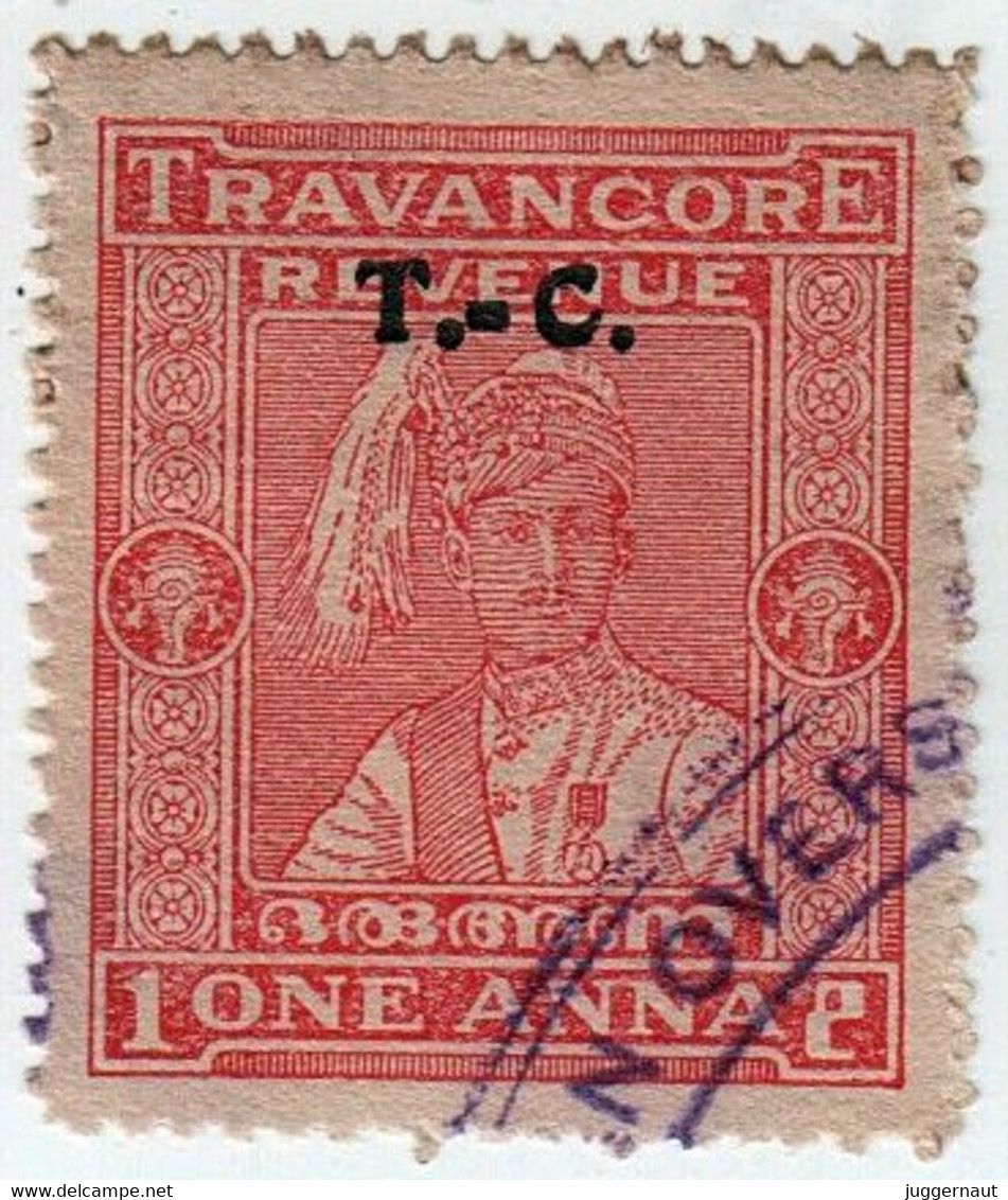 India TRAVANCORE-COCHIN Princely State 1-ANNA Revenue STAMP 1931-1945 Good/USED - Travancore-Cochin