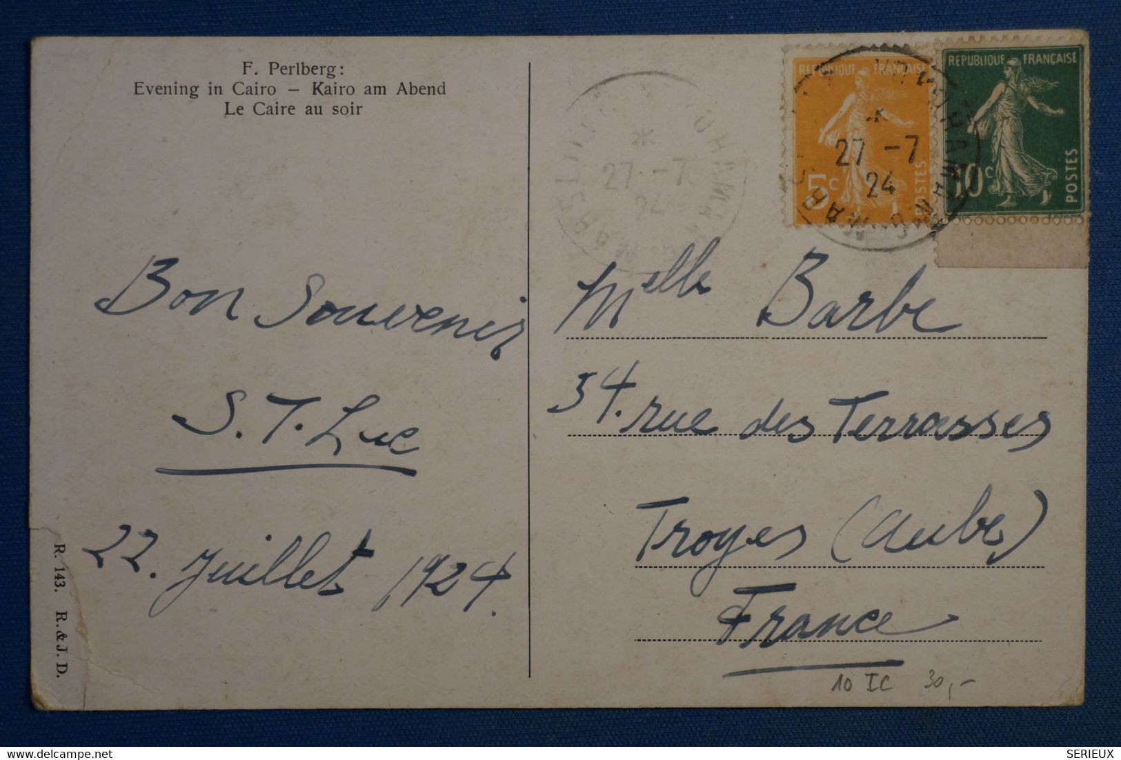 AL4 FRANCE CAIRE  BELLE CARTE   1924 EGYPTE POUR TROYES FRANCE    + + AFFRANCH. INTERESSANT - Storia Postale