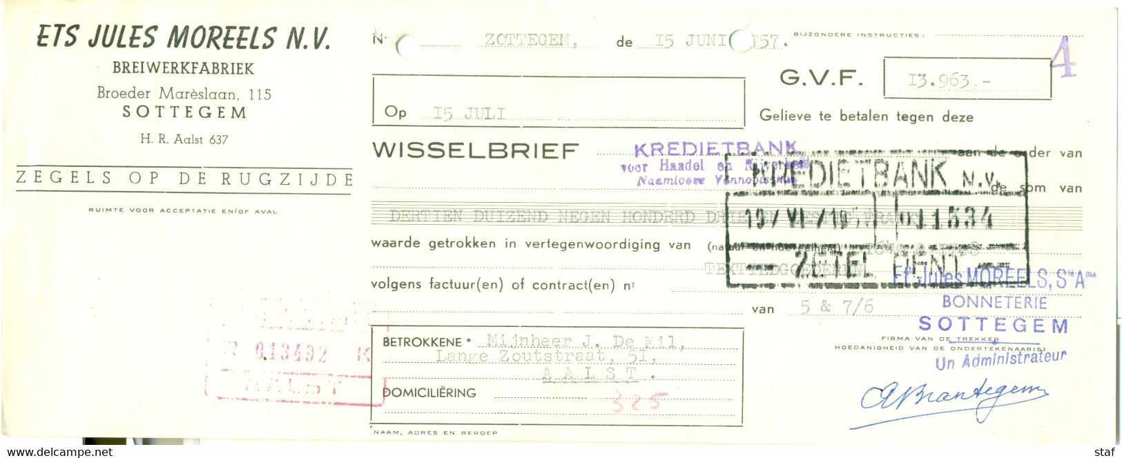 Wisselbrief Ets Jules Moreels Breiwerkfabriek Te Zottegem 1957 - Kleding & Textiel